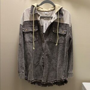 ASVIVID Two-Tone Corduroy Hooded Shacket in Taupe & Cream